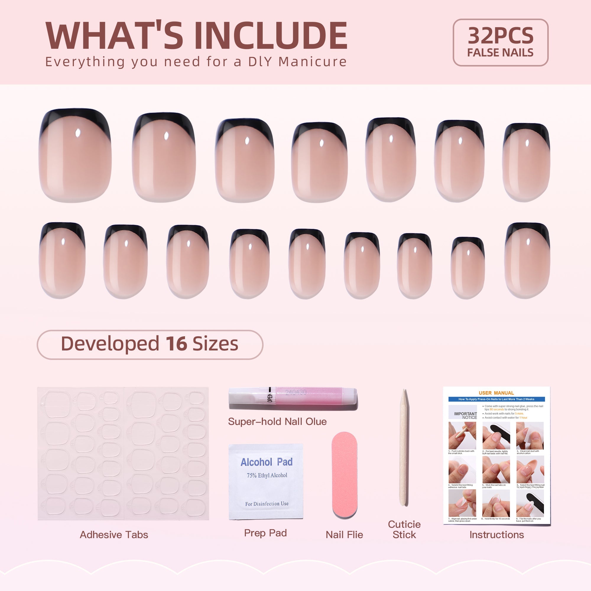 Gel Press On Nails 16 Sizes-32 Pcs Kit XNFS125