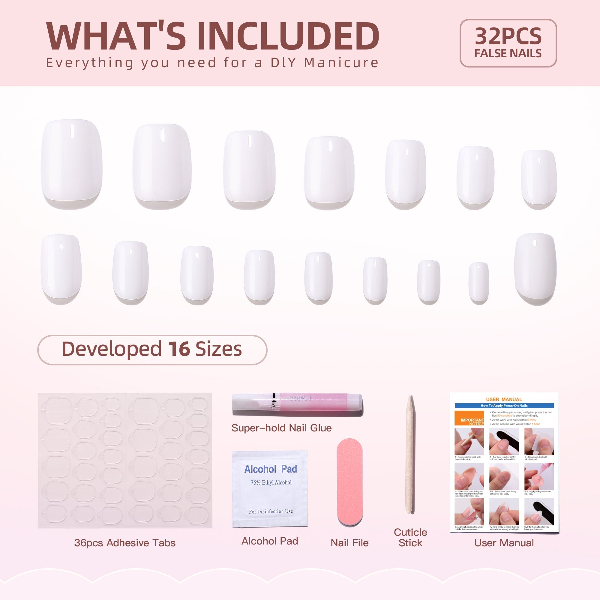 Gel Press On Nails 16 Sizes-32 Pcs Kit W058