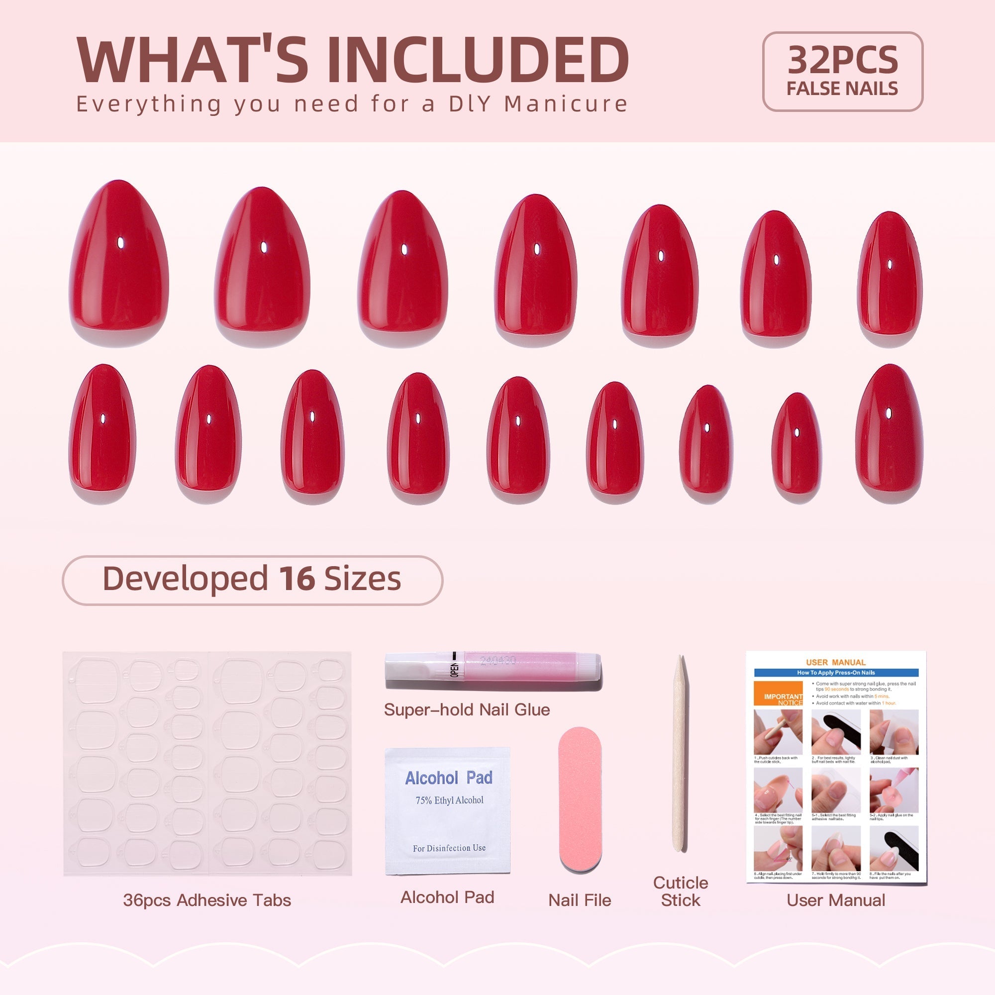 Gel Press On Nails 16 Sizes-32 Pcs Kit A017