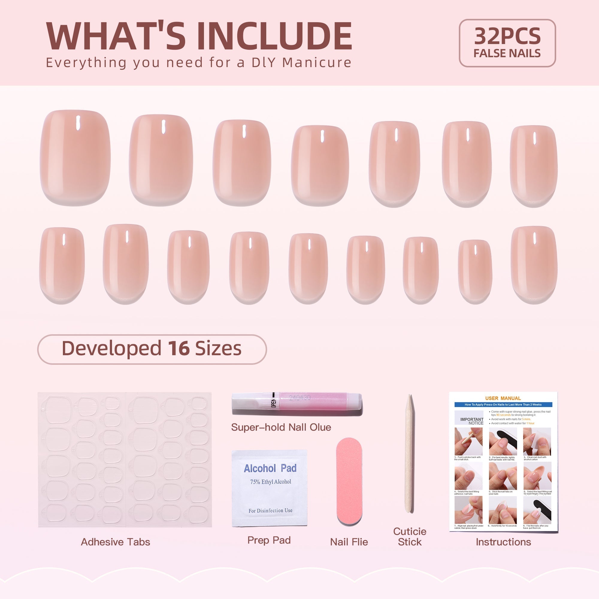 Gel Press On Nails 16 Sizes-32 Pcs Kit A445