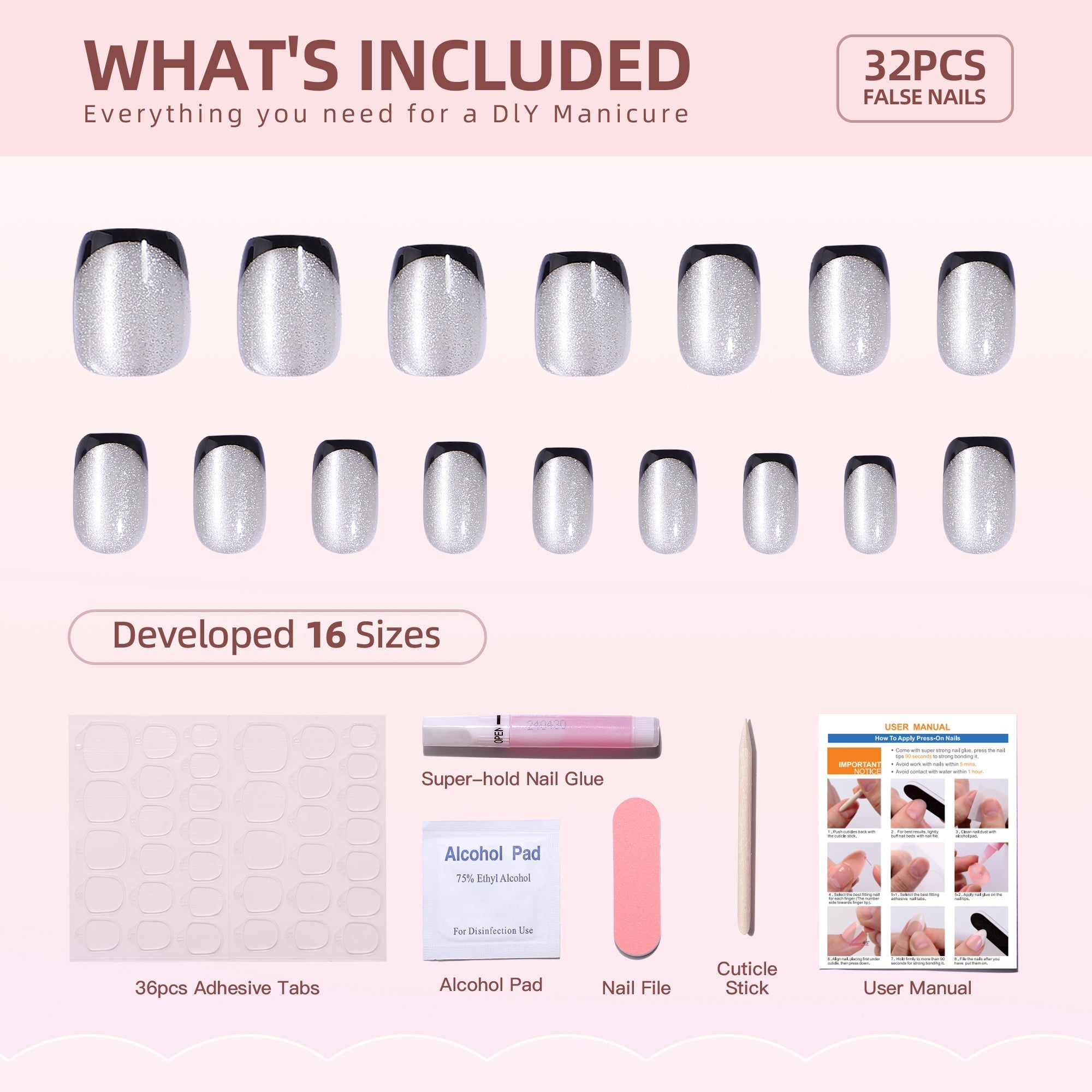 Gel Press On Nails 16 Sizes-32 Pcs Kit XNFS167