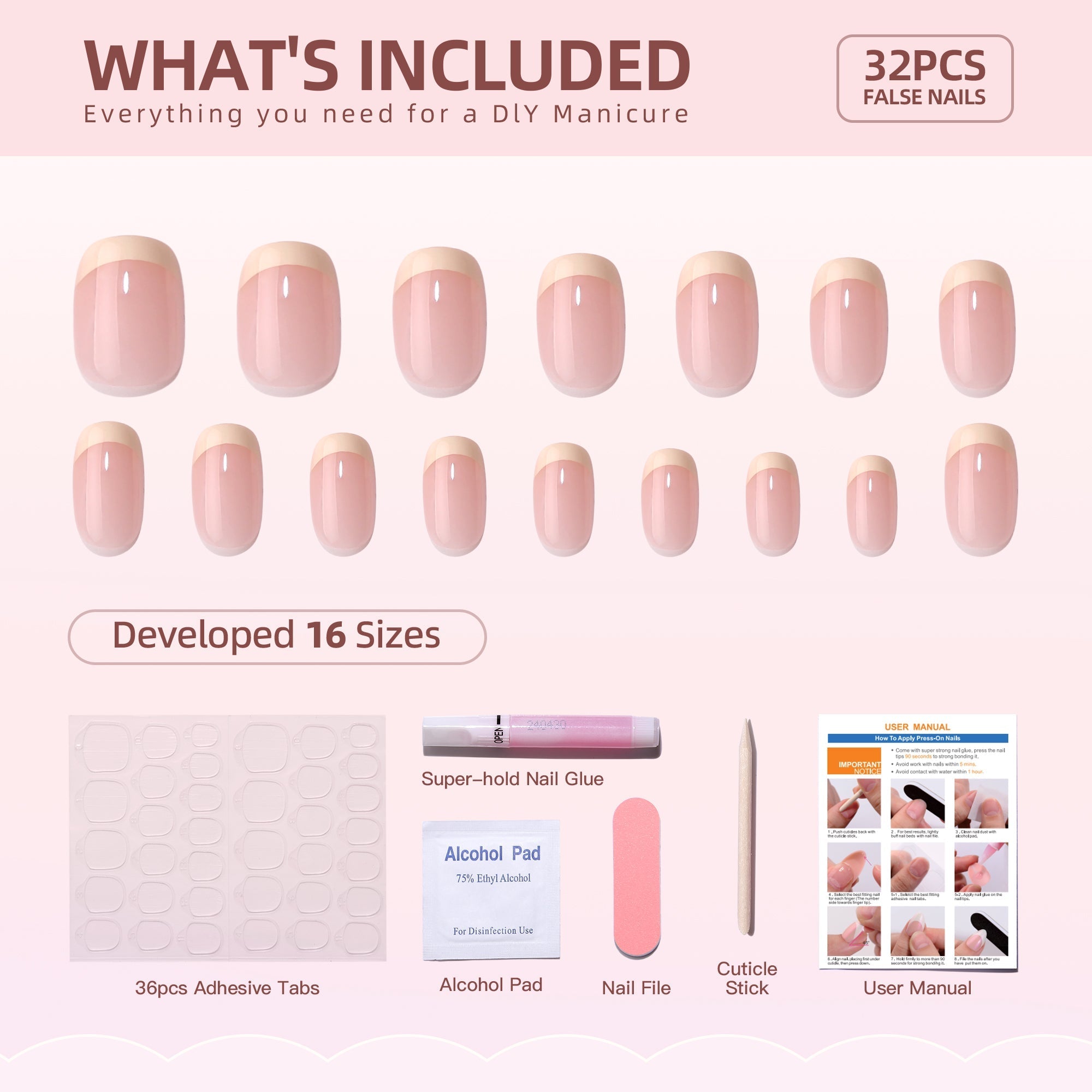 Gel Press On Nails 16 Sizes-32 Pcs Kit XNFS171