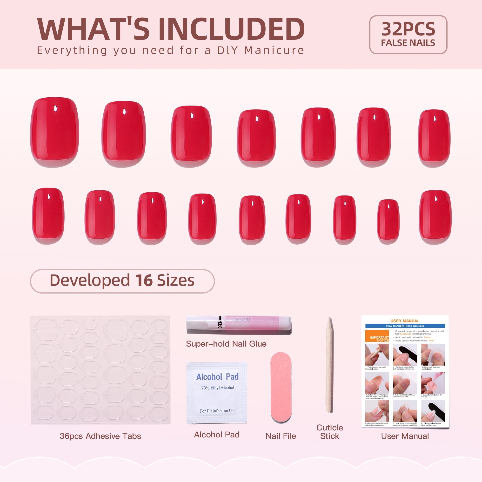 Gel Press On Nails 16 Sizes-32 Pcs Kit A116 MH-5