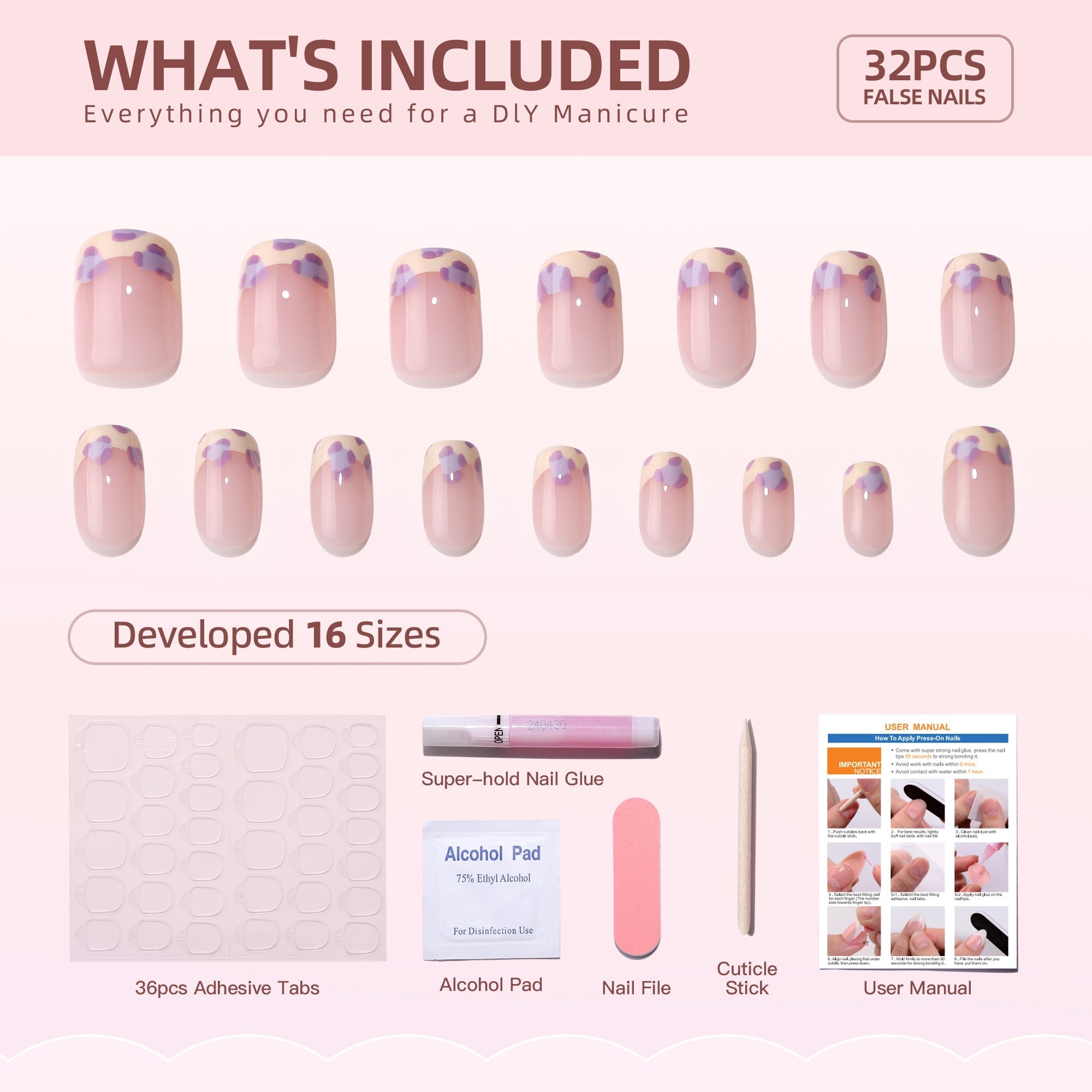 Gel Press On Nails 16 Sizes-32 Pcs Kit XBPH1814