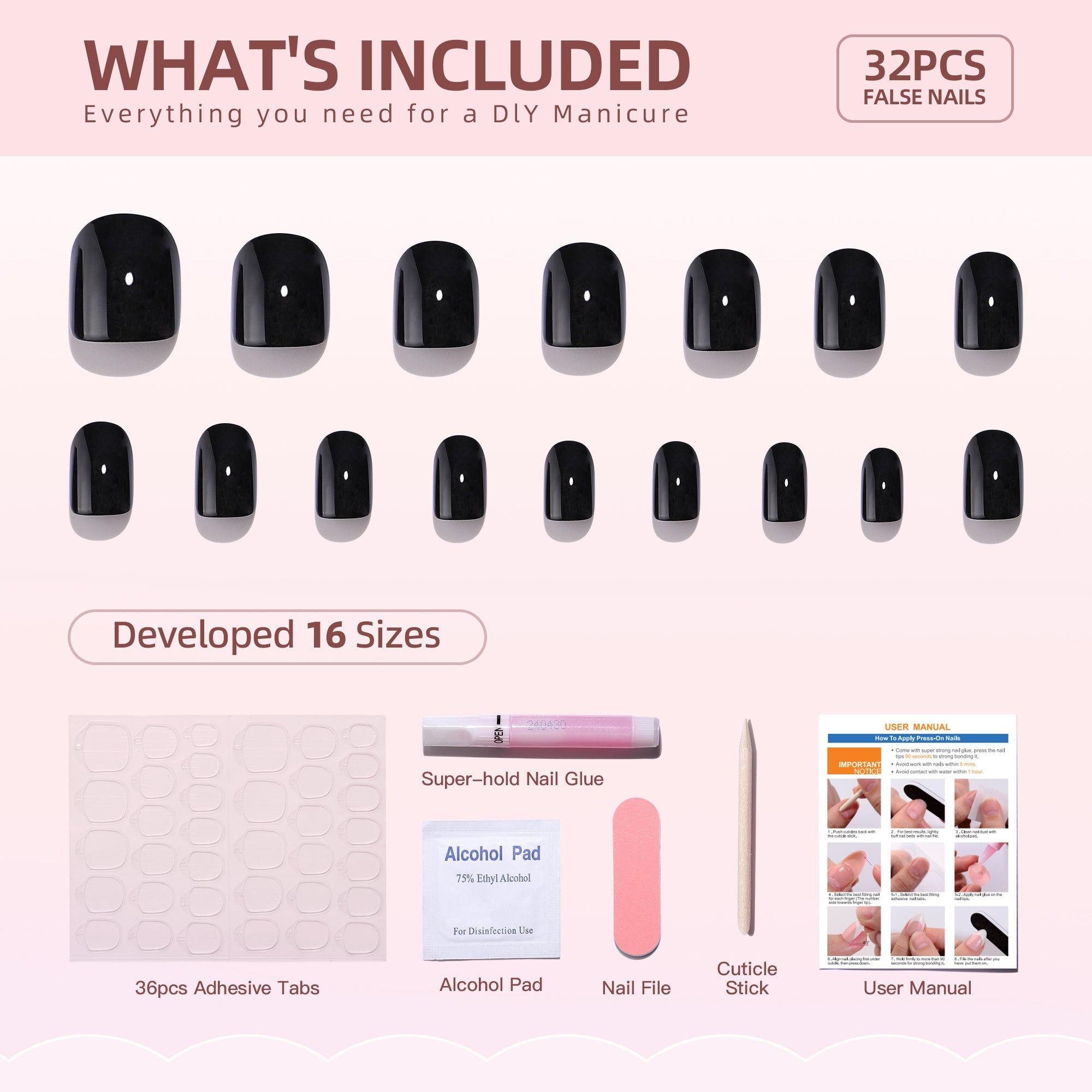 Gel Press On Nails 16 Sizes-32 Pcs Kit H001 SH-4