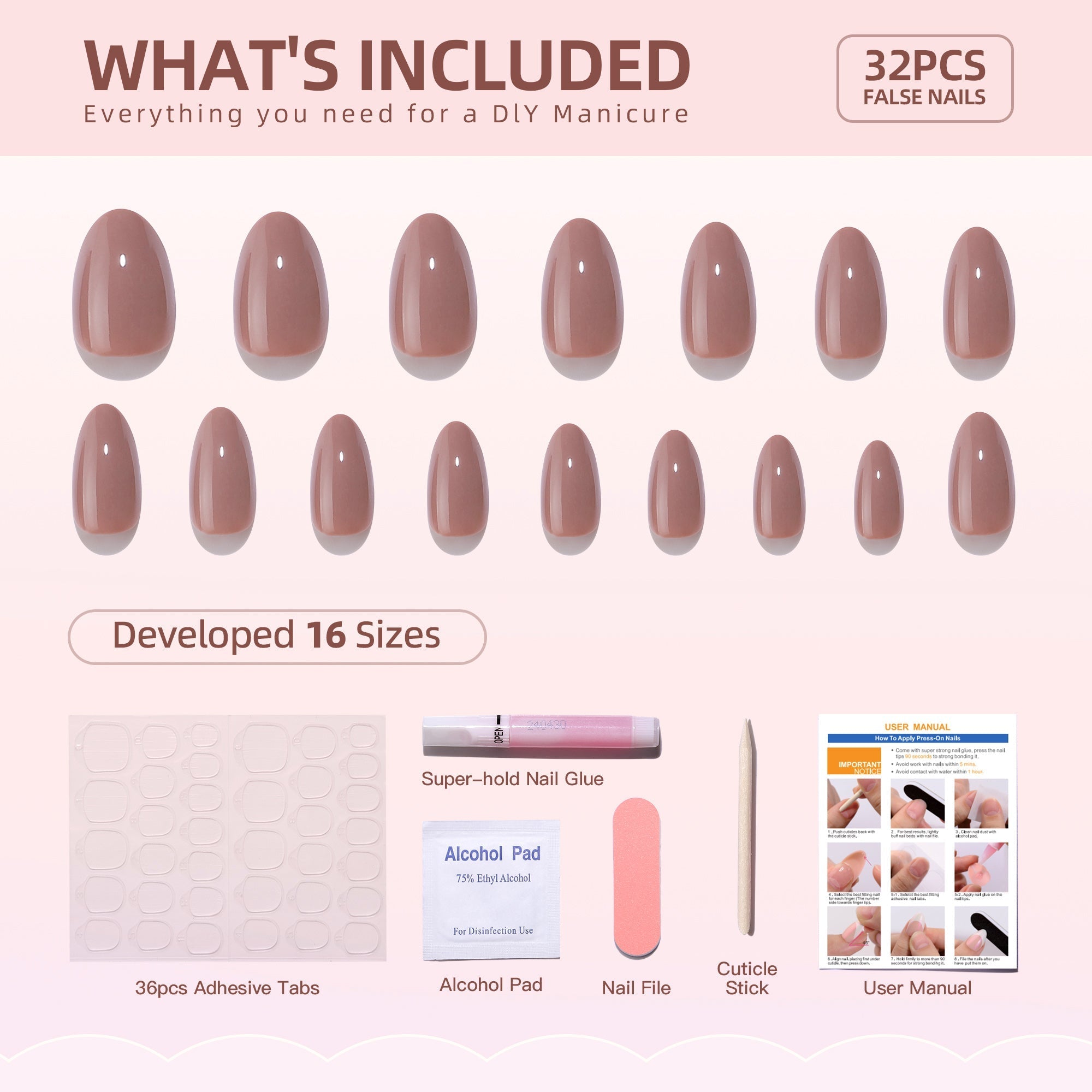 Gel Press On Nails 16 Sizes-32 Pcs Kit A357 MH-3