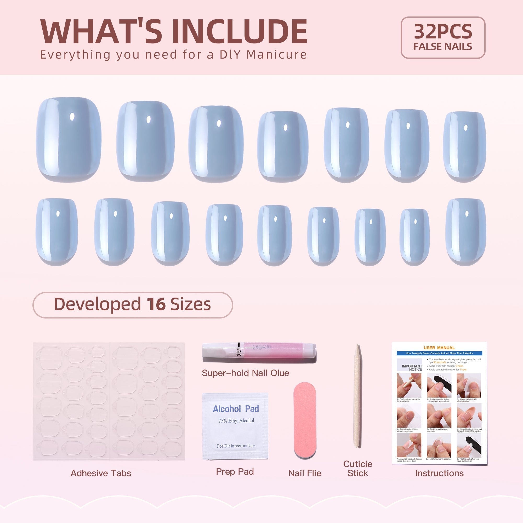 Gel Press On Nails 16 Sizes-32 Pcs Kit XNQC120