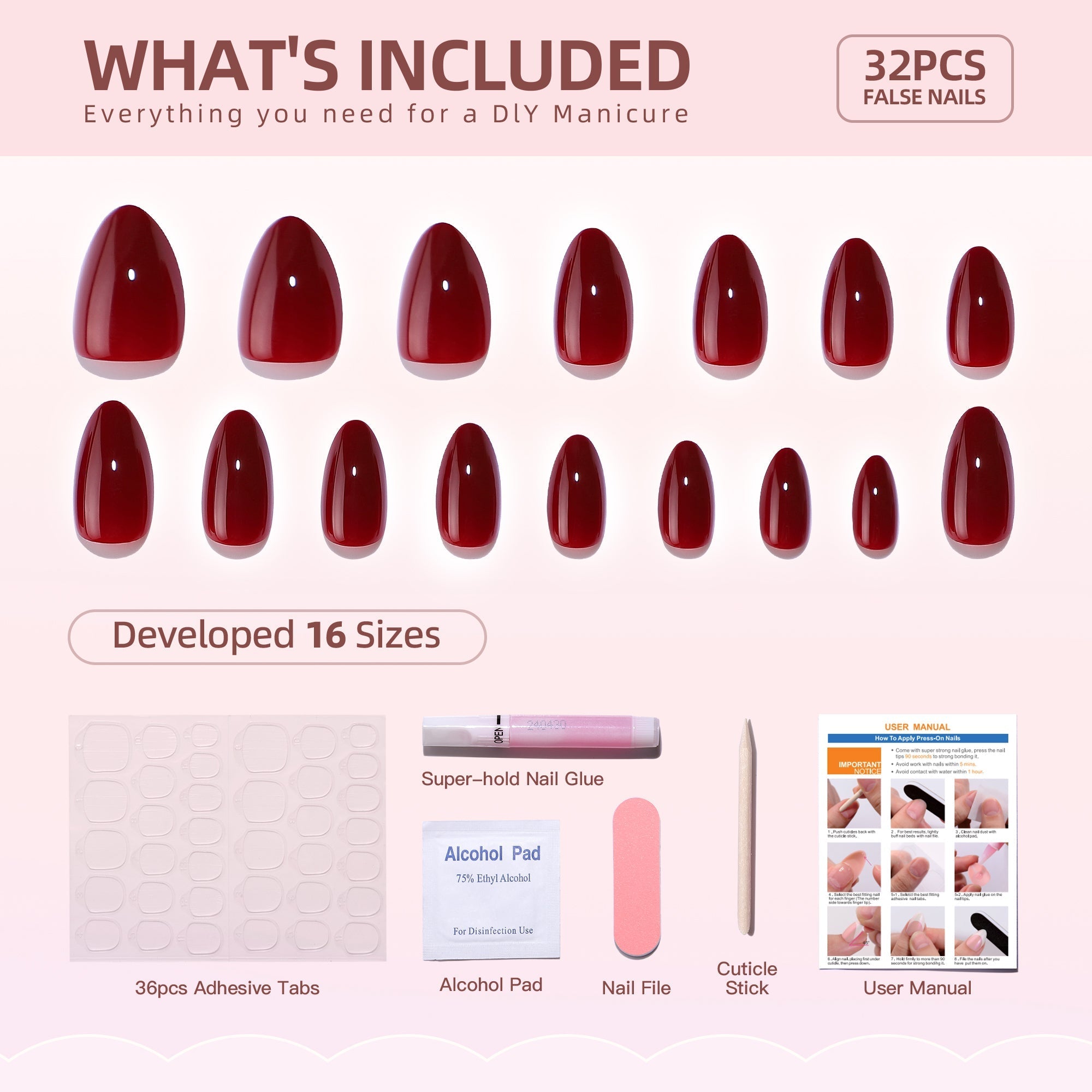 Gel Press On Nails 16 Sizes-32 Pcs Kit A195 MH-3