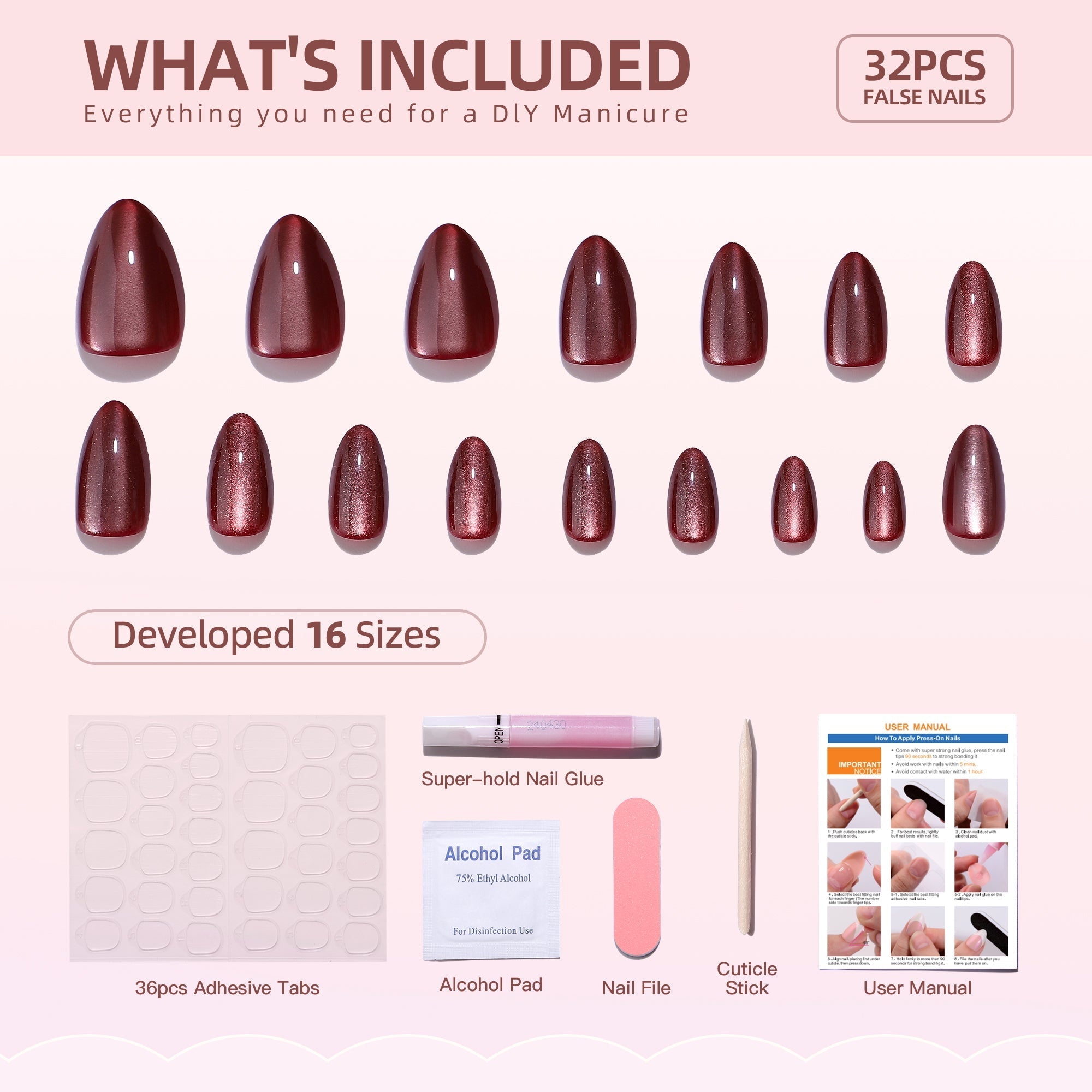 Gel Press On Nails 16 Sizes-32 Pcs Kit XNMY204