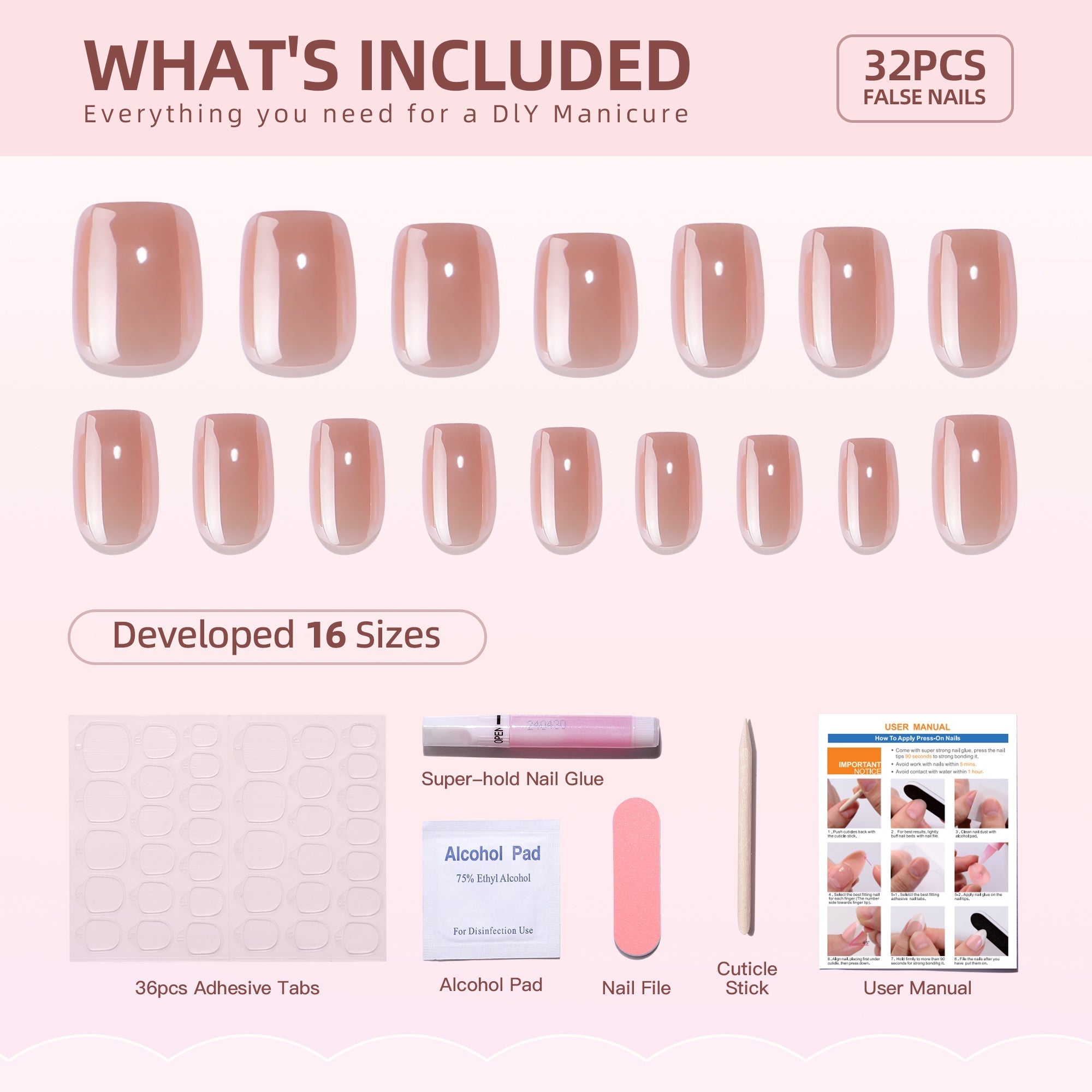 Gel Press On Nails 16 Sizes-32 Pcs Kit XNQC121