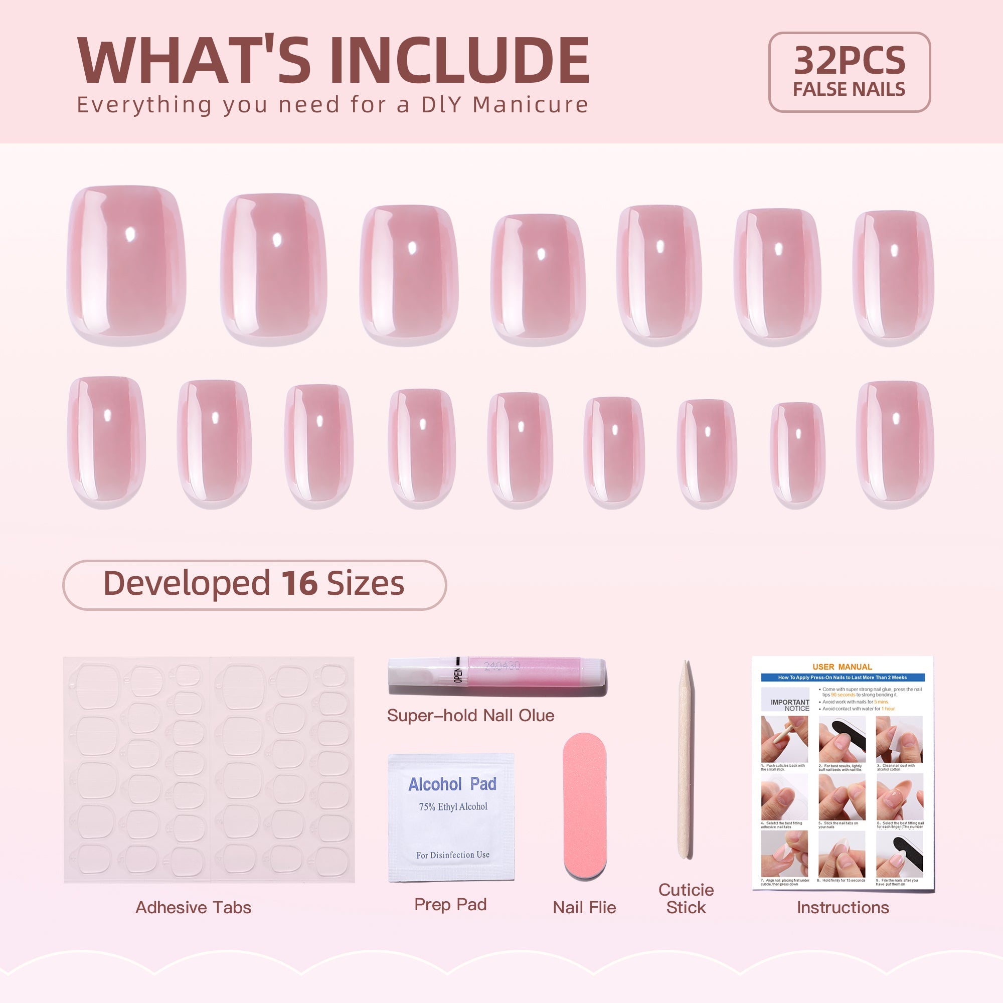 Gel Press On Nails 16 Sizes-32 Pcs Kit XNQC122